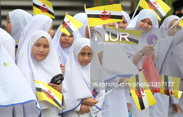 People wave national flags to show respect to Brunei's Sultan Haji Hassanal Bolkiah during a ceremony to celebrate his 70th birthday in Band...