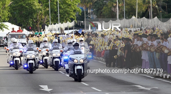 A motorcade drives into the birthday celebration arena in Bandar Seri Begawan, Brunei, July 15, 2016. Brunei celebrated the Sultan Hassanal...