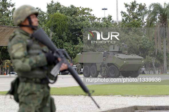 A member of the Brazilian marine corps take part in a drill in Flamengo, in the south of Rio de Janeiro, Brazil, on July 19, 2016. The drill...