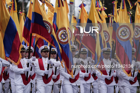 Members of the Colombian Army take part in a military parade during a commemoration of the 206th anniversary of Independence, in Bogota, Col...