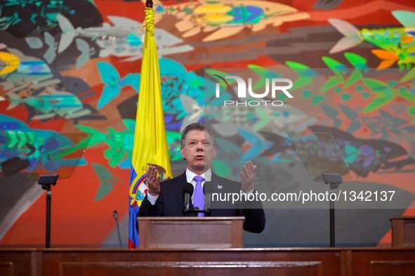 Colombian President Juan Manuel Santos delivers a speech during a commemoration of the 206th anniversary of Independence, in Bogota, Colombi...