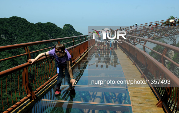 A woman walks on a 69-meter-long glass pathway built along the face of a cliff in Shaohuashan national forest park in Weinan City, northwest...