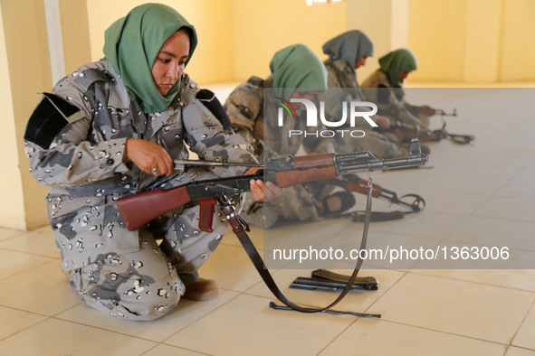 Afghan border policewomen take part in a military training at a training center in Herat province, Afghanistan, July 30, 2016. Afghan govern...