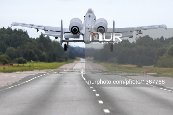 An U.S. Air Force A-10 Thunderbolt takes part in a joint training on a highway near Anije, Western Estonia on Aug. 1, 2016.