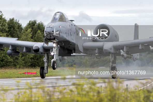 An U.S. Air Force A-10 Thunderbolt takes part in a joint training on a highway near Anije, Western Estonia on Aug. 1, 2016.