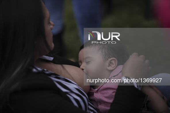 A woman feeds her baby during a public breastfeeding event in Bogota, capital of Colombia, on Aug. 3, 2016. The event is held for the World...