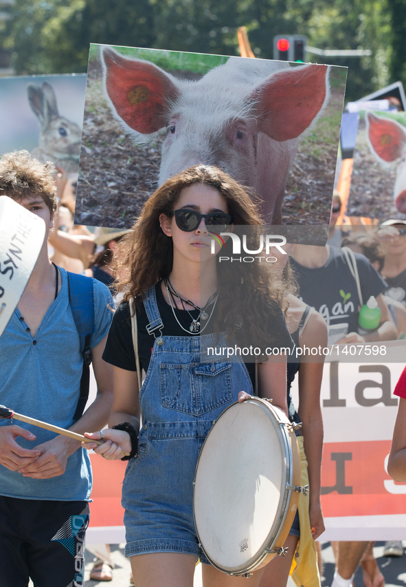 Animal rights activists take part in a rally in Geneva, Switzerland, Aug. 27, 2016. Thousands of animal rights activists from "Pour l'Egalit...