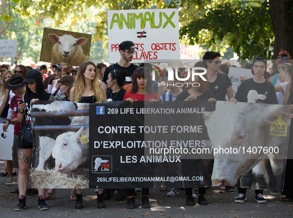 Animal rights activists take part in a rally in Geneva, Switzerland, Aug. 27, 2016. Thousands of animal rights activists from "Pour l'Egalit...