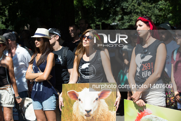 Animal rights activists take part in a rally in Geneva, Switzerland, Aug. 27, 2016. Thousands of animal rights activists from "Pour l'Egalit...