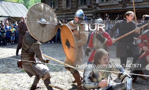 People demonstrate mixed fight during "Volga standard", a festival reenacting the Middle Ages and the lifestyle of the Slavic people from 9t...