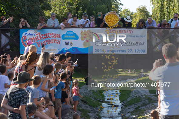 People watch a thousand rubber ducks race on Bukkos creek during a charity event in Szentendre, Hungary, on Aug. 27, 2016.