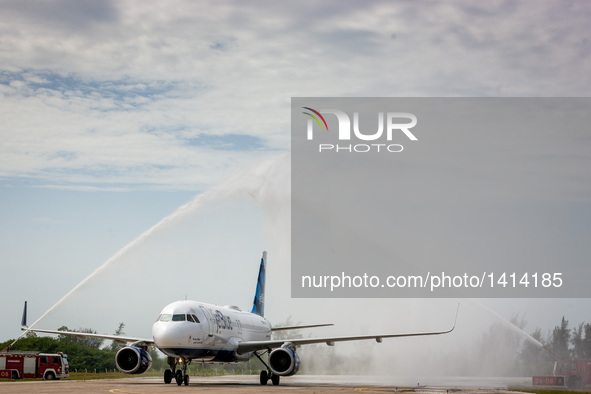 The first commercial flight from U.S. receives water salute at the Abel Santamaria International Airport in the central Cuban city of Santa...