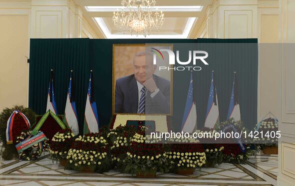 Photo taken on Sept. 3, 2016 shows a view of the mourning hall of the late president of Uzbekistan Islam Karimov in Samarkand, Uzbekistan. T...