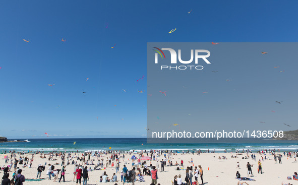 Photo taken on Sept. 11, 2016 shows kites flying over Bondi Beach in Sydney, Australia. Australia's largest kite flying festival, Festival o...