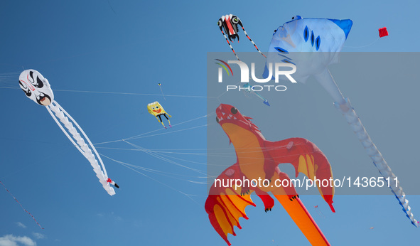 Photo taken on Sept. 11, 2016 shows kites flying over Bondi Beach in Sydney, Australia. Australia's largest kite flying festival, Festival o...