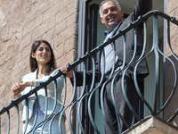 The mayor of Rome Virginia Raggi receives the A.S. Roma's president James Pallotta on september 14, 2016 (