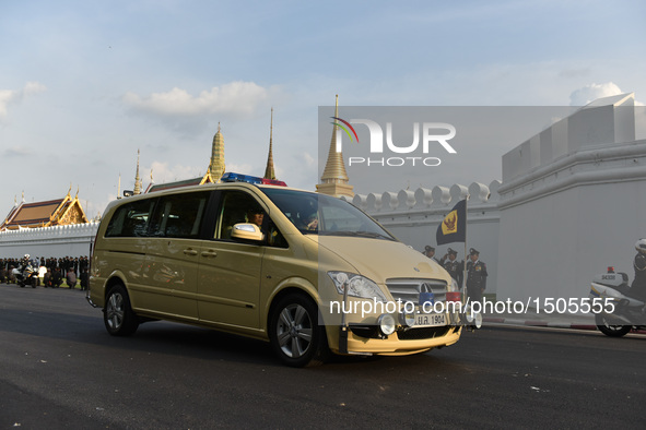 A royal convoy drives outside the Grand Palace in Bangkok, Thailand, Oct. 14, 2016. The remains of Thai King Bhumibol Adulyadej, who passed...