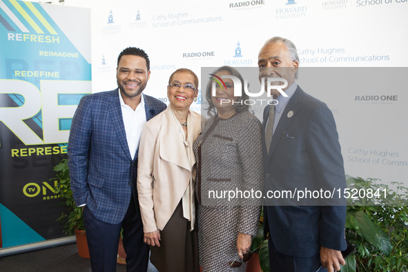 Anthony Anderson,Rep. Eleanor Holmes Norton,Ms. Cathy Hughes, Rev. Al Sharpton pose In the Blackburn Center Ballroom on the campus of Howard...
