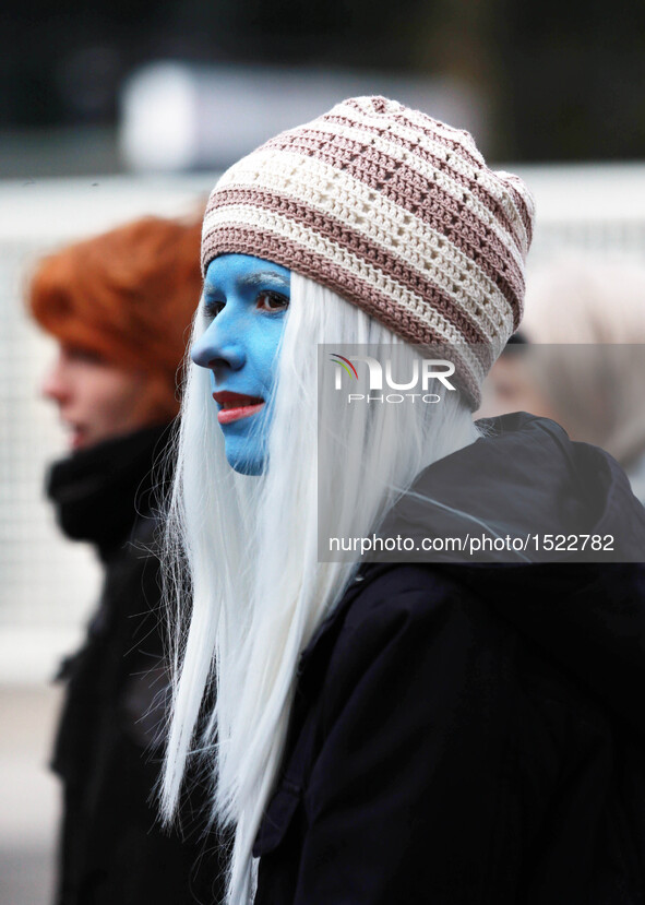 A cosplayer visits the Frankfurt Book Fair in Frankfurt, Germany, on Oct. 23, 2016. The finale of the 10th German Cosplay Championship concl...