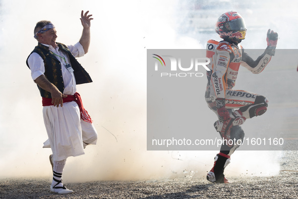 93 Marc Marquez from Spain of Repsol Honda Team celebrating with his fans during the race of Moto GP Gran Premio Motul de la Comunitat Valen...