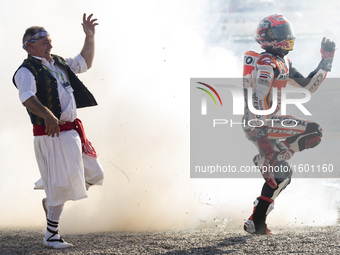 93 Marc Marquez from Spain of Repsol Honda Team celebrating with his fans during the race of Moto GP Gran Premio Motul de la Comunitat Valen...