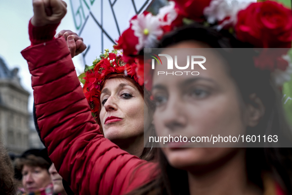 Demonstrators during a protest  for equal pay between men and women, in Paris, France, on November 7, 2016. Some 200 to 300 people of all ag...