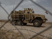 An Iraqi Mine-Resistan Ambush Protected vehicle, or MRAP, along the frontline in Makhmour, Iraqi, on May 18, 2016. Makhmour, having been lib...