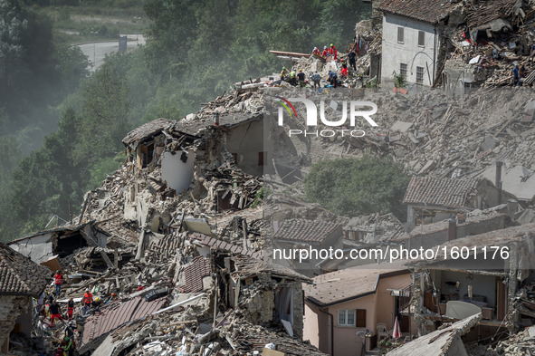 A view of destroyed building in Pescara del Tronto, Italy, on August 24, 2016. A powerful pre-dawn earthquake devastated mountain villages i...