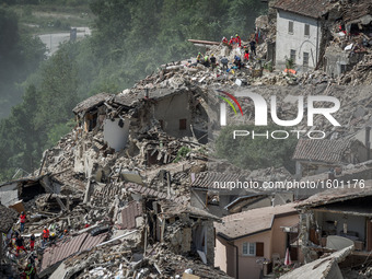 A view of destroyed building in Pescara del Tronto, Italy, on August 24, 2016. A powerful pre-dawn earthquake devastated mountain villages i...