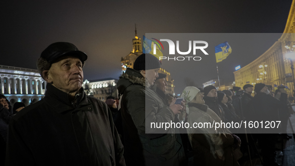 Participants in a rally on Maidan Square in Kiev on November 21, 2016, on the third anniversary of  the Euromaidan protests which led to the...