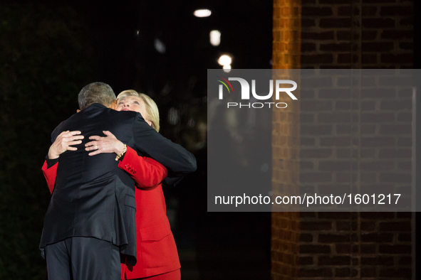 Hillary Clinton stands with President Barack Obama during an election eve rally on November 7, 2016 in Philadelphia, Pennsylvania. As the hi...