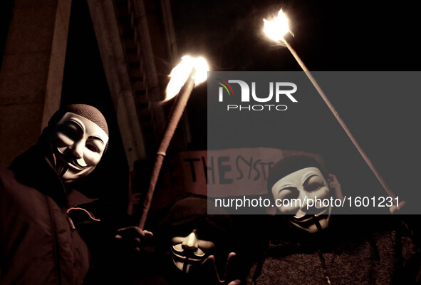 Protesters during the Million Mask March on November 5, 2016 in London, England. Dozens of protesters were arrested at the annual Million Ma...