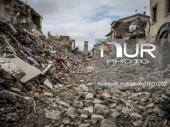 A picture taken on October 11, 2016 shows destruction in the village of Amatrice. Nearly 300 people died in the quake of August 24, 2016 and...