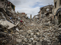 A picture taken on October 11, 2016 shows destruction in the village of Amatrice. Nearly 300 people died in the quake of August 24, 2016 and...