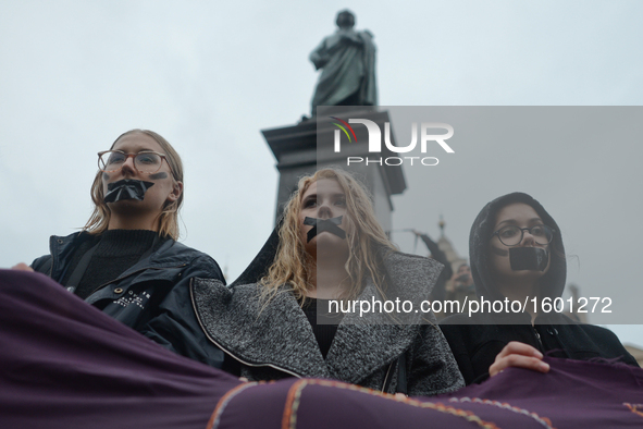 Pro-Choice protesters in Krakow Main Square, as thousands of women protested today in Krakow city center during a 'Black protest'. Women nat...