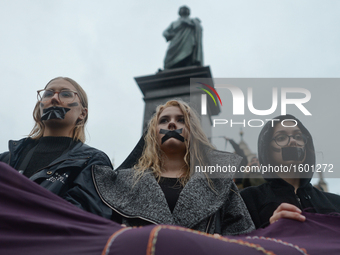 Pro-Choice protesters in Krakow Main Square, as thousands of women protested today in Krakow city center during a 'Black protest'. Women nat...