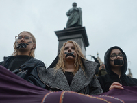 Pro-Choice protesters in Krakow Main Square, as thousands of women protested today in Krakow city center during a 'Black protest'. Women nat...