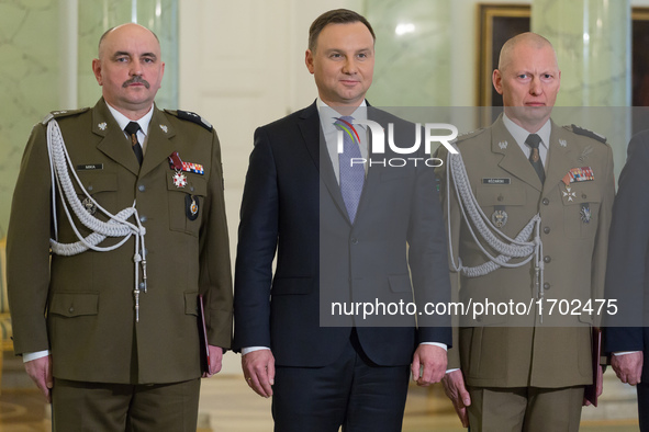 General Jaroslaw Mika (L) President of Poland Andrzej Duda (C) and General Miroslaw Rozanski (R) in Warsaw, Poland on 8 February 2017 