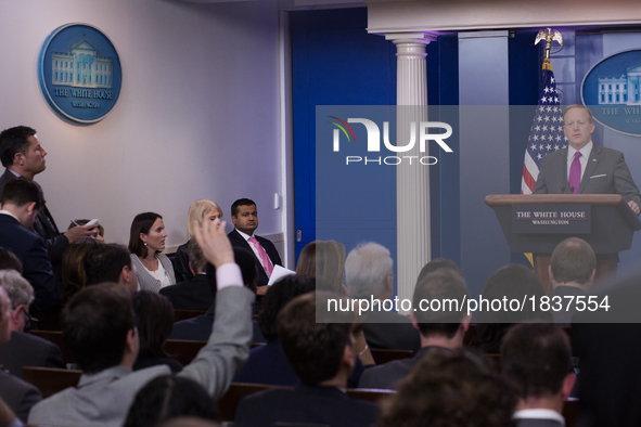  On Thursday, March 9, White House Press Secretary Sean Spicer, gives the briefing in the James S. Brady Press Briefing Room of the White Ho...