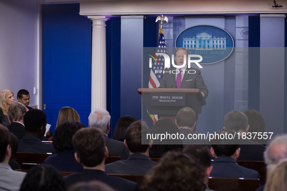  On Thursday, March 9, White House Press Secretary Sean Spicer, gives the briefing in the James S. Brady Press Briefing Room of the White Ho...