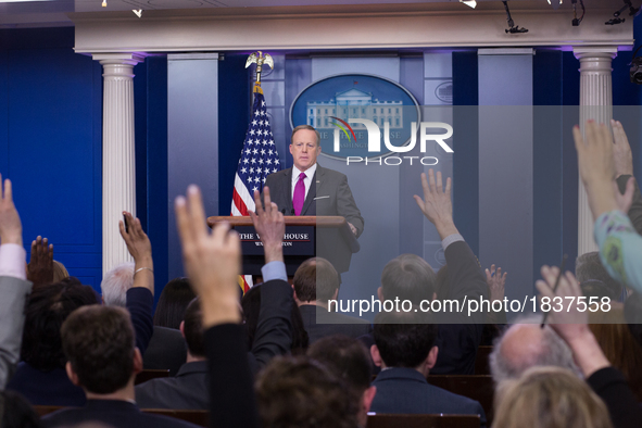  On Thursday, March 9, White House Press Secretary Sean Spicer, gives the briefing in the James S. Brady Press Briefing Room of the White Ho...