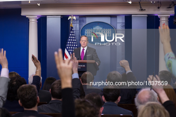  On Thursday, March 9, White House Press Secretary Sean Spicer, gives the briefing in the James S. Brady Press Briefing Room of the White Ho...