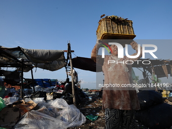 Nurtinah lifts the garbage to sort.
Nurtinah, 47, a farm worker from Pucang Anom village, Cerme sub-district, Bondowoso district, East Java...