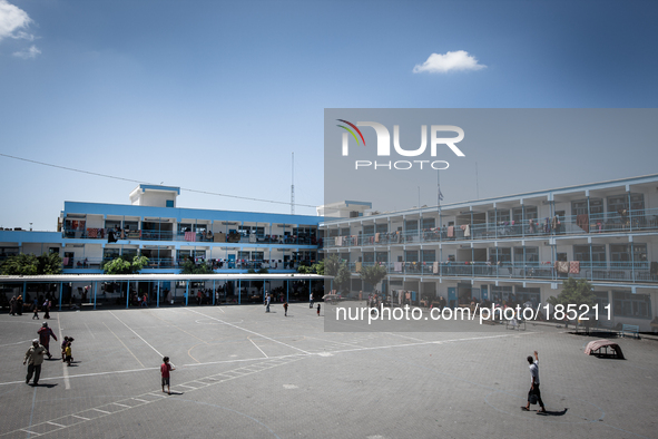 The make-shift refugee camp in Jabalya, Gaza on July 18th, 2014. The former school currently holds approximately 3500 Palestinian. According...