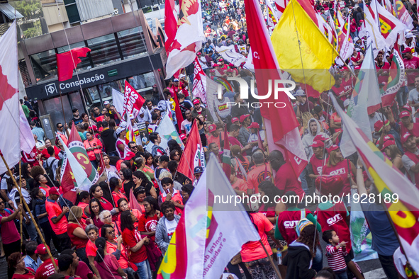 People take part in the Labour Day march held in downtown São Paulo, Brazil, on 01 May 2017. Labor Day or May Day is observed all over the w...