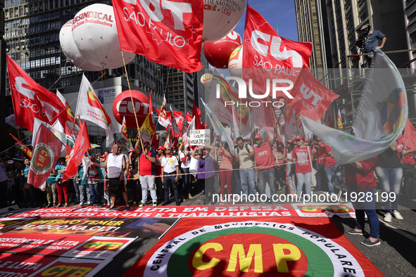 People take part in the Labour Day march held in downtown São Paulo, Brazil, on 01 May 2017. Labor Day or May Day is observed all over the w...