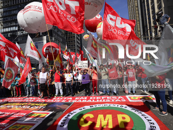 People take part in the Labour Day march held in downtown São Paulo, Brazil, on 01 May 2017. Labor Day or May Day is observed all over the w...