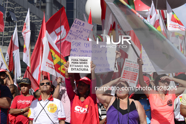 People take part in the Labour Day march held in downtown São Paulo, Brazil, on 01 May 2017. Labor Day or May Day is observed all over the w...