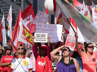 People take part in the Labour Day march held in downtown São Paulo, Brazil, on 01 May 2017. Labor Day or May Day is observed all over the w...