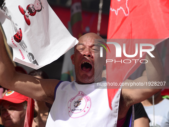 People take part in the Labour Day march held in downtown São Paulo, Brazil, on 01 May 2017. Labor Day or May Day is observed all over the w...